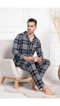 Mecit 2950 Erkek Beyaz Ekoseli Büyük Beden Kışlık Pijama Takımı