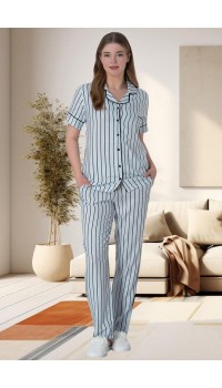 Mecit 6016 Mavi Çizgili Boydan Düğmeli Kadın Pijama Takımı