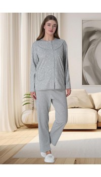 Mecit 6022 Bayan Gri Büyük Beden Boydan Düğmeli Pijama Takımı